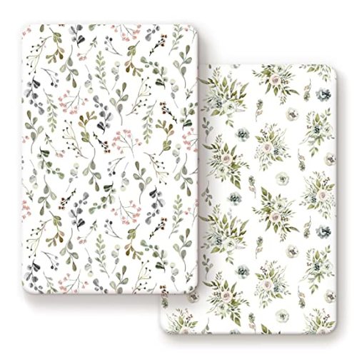 GRSSDER Stretchy Ultra Soft Jersey Knit Fitted Pack n Play Sheets Set 2 Pack， Portable Pack and Play/Mini Cribs Sheets for Girls，Stylish Watercolor Rose and Flora - Fresh Green