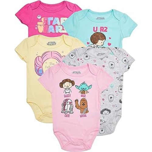 STAR WARS Baby Girls Bodysuits 5-Pack - Baby Girls' Bodysuits 5-Pack with Princess Leia, R2-D2, Yoda Baby Clothes