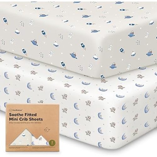 2-Pack Mini Crib Sheets Fitted - 38x26 Pack N Play Sheets for Pack and Play Mattress, Organic Cotton, Soft & Breathable Playard Bedding, Neutral Mini Toddler Bed Cover for Boys, Girls (Cosmo)