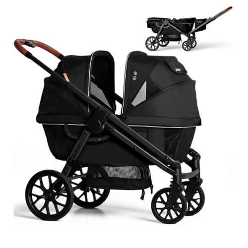 Wagon Stroller for 2 Kids, All-Terrain with Removable UV-Protection Canopy, Adjustable Push/Pull Handle, Snack Tray & Cup Holders, Perfect for Baby and Toddler (Black)
