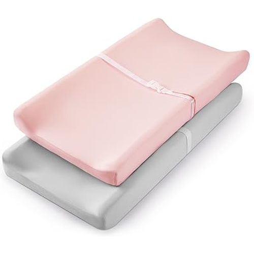 TILLYOU Changing Pad Cover Set in Soft Jersey Material Diaper Changing Table Sheets - Fits 32"/34''x16 Contoured Pad for Babies,Peachy Pink & Lt Gray