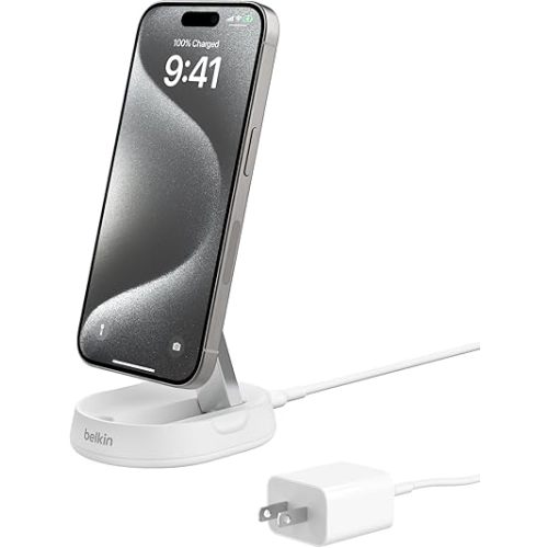Belkin Convertible Magnetic Charging Stand 15W - MagSafe-Compatible Fast Qi2 Charger, iPhone Charger for Apple iPhone 16, 16 Plus, 16 Pro, 16 Pro Max, iPhone 15 & 14, Apple Airpods Pro, & More - White
