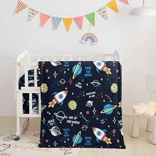 Crib Bedding Set,3pcs Nursery Crib Bedding with Comforter Crib Sheet & Crib Skirt,Watercolor Butterfly Printed Nursery Bedding for Baby Boys and Girls(Space)