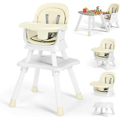 Kinder King 8 in 1 Baby High Chair, Coverts to Dining Booster Seat/Kids Table & Chair Set/Toddler Building Block Table/Kids Stool, Removable Tray & Double Seat Cover, Easy to Wipe, Beige