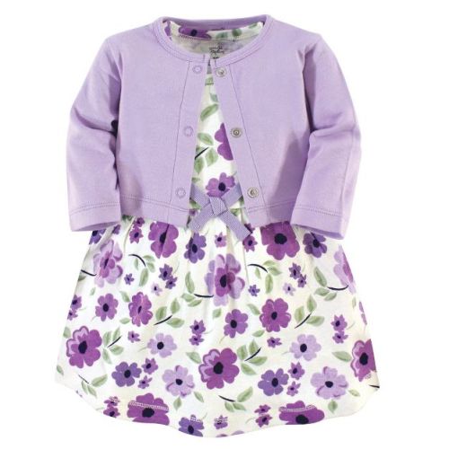 Touched By Nature Baby And Toddler Girl Organic Cotton Dress And Cardigan 2pc Set, Purple Garden, 3-6 Months