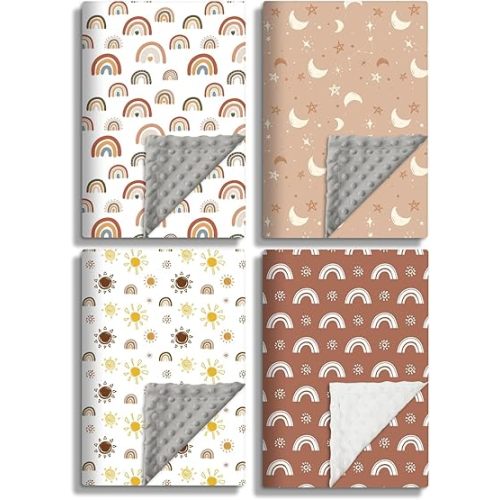 4 Pack Soft Boho Baby Blankets for Unisex Girls or Boys - Breathable Gender Neutral Nursery Double Layer Blankets with Dotted Backing and Boho Print for Newborn Toddlers