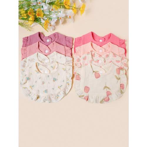 3/4pcs Baby Rose & Tulip Print Bibs With Ruffle Trim, Solid Color Soft Drool Bibs