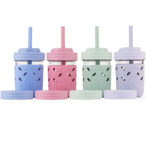 Elk and Friends Kids & Toddler Cups | The Original Glass Mason jars 8 oz with Silicone Sleeves & Silicone Straws with Stoppers | Smoothie Cups | Spill Proof Sippy Cups for Toddlers | 4 Pack