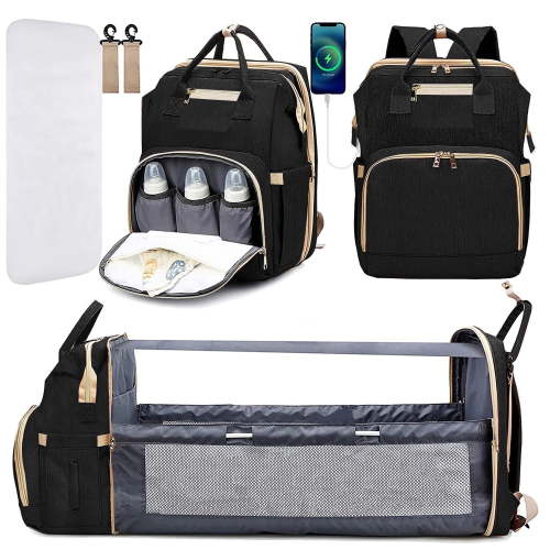 KABAQOO Baby Diaper Bag Backpack with Foldable Changing Station, USB Port, Newborn Essentials, Black