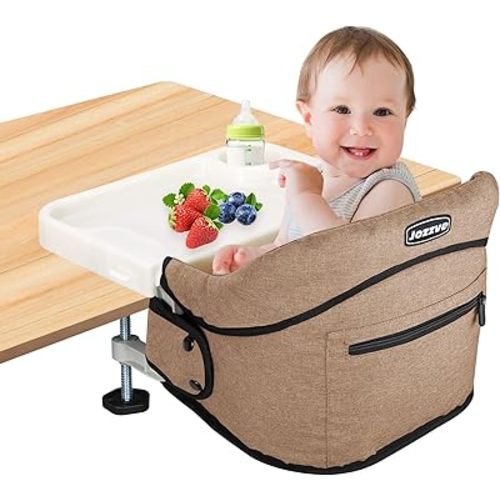 Hook On High Chair, Jozzve Clip on High Chair with Removable Dining Tray for Babies and Toddlers, Fold-Flat Storage Portable Baby Feeding Seat, Attach to Fast Table Chair for Home Travel (Brown)
