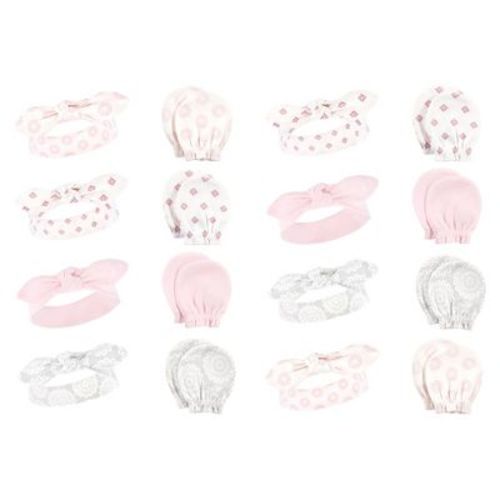 Hudson Baby Infant Girl 16Pc Headband and Scratch Mitten Set, Lace Medallion, 0-6 Months