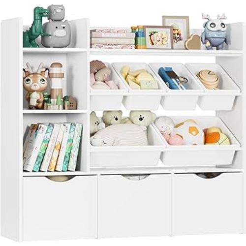 Toy Storage Organizer with 3 Movable Drawers, Bookshelf and Bookcase with 6 Plastic Bins & 2 Storage Cubbies, Toy Chest with Hidden Wheels, Toy Storage Box for Playroom, School, White