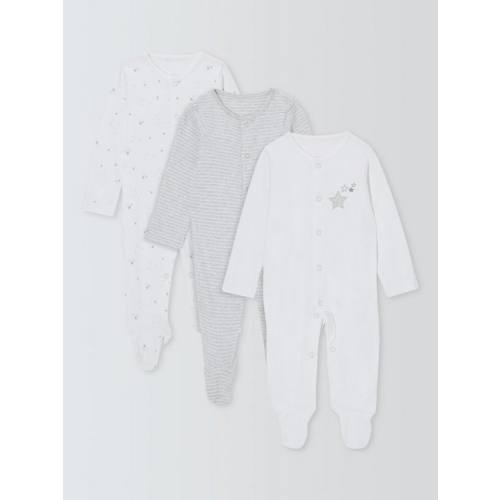 John Lewis Baby Cotton Star Print Sleepsuits, Pack of 3, White, Newborn