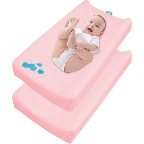 Changing Pad Cover Waterproof, 2 Pack Diaper Change Table Sheets for Baby Girls, Fitted Cradle Sheets for 32"x16" Contoured Pad, Breathable & Ultra Soft, Pink