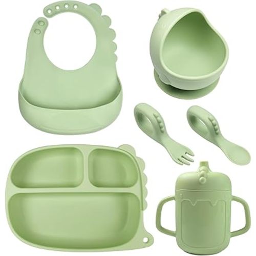 Dinosaur Silicone Baby Feeding Set, Baby Led Weaning Supplies, Dino Shapes Toddler Suction Plate and Bowl with Spoon Fork Sippy Cup Bib, Self Feeding Silicone Tableware, Green