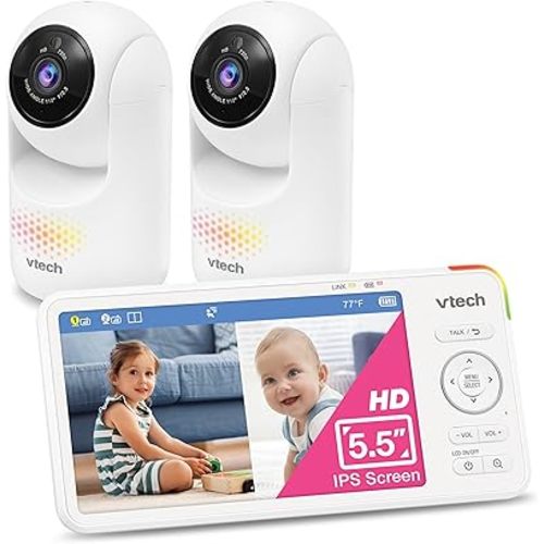VTech Baby Monitor with 2 Cameras No WiFi & 5.5" IPS Split Screen, Remote Pan Tilt Zoom, 5000mAh 19H Battery, 1000ft Range, Night Vision, Night Light, Two-Way Talk | Advanced HD Plus Twin