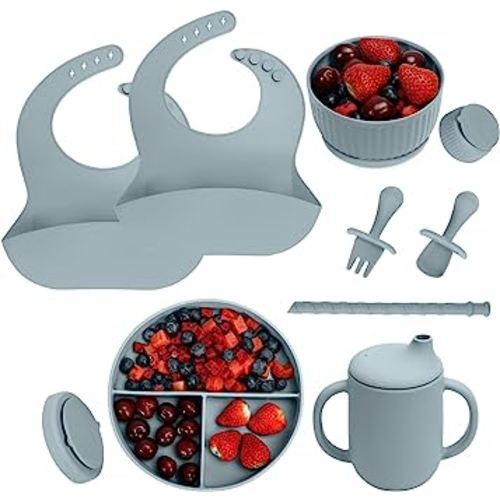 CSFICTS Baby Led Weaning Supplies - Silicone Baby Feeding Set - Suction Bowl Divided Plate Straw Sippy Cup - Toddler Self Feeding Eating Utensils Dishes Set with Bibs Spoon Fork - 6 Months