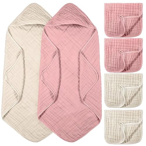 6 Pcs Baby Muslin Hooded Bath Towels and Washcloths, 32 x 32 Inch Muslin Cotton Hooded Baby Towels Absorbent Blankets for Gift Newborn Infant Shower(Dark Pink, Light Brown)