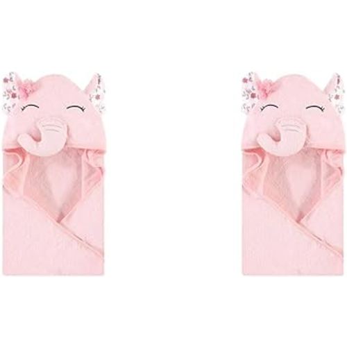 Hudson Baby Unisex Baby Cotton Animal Face Hooded Towel, Floral Pretty Elephant, One Size (Pack of 2)