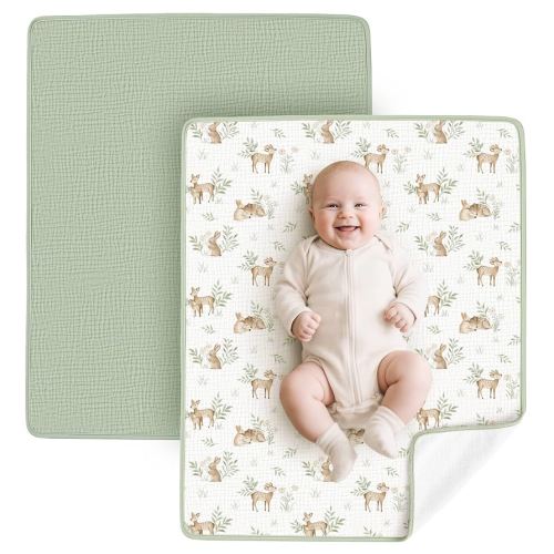 Konssy Muslin Cotton Diaper Changing Pad 2 Pack,Portable Baby Changing Mat with Terry Backing, Leak-Proof, Soft & Foldable Travel Pad, Netural Color Shower Gift Essentials for Newborn Boys and Girls