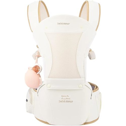 Bebamour Baby Carrier with Hip Seat,All-Position Breathable Mesh Hip Seat & Carrier 0-36Months with Head Hood, 3 PCS Teething Pads, Waist Extender,Storage Bag & Pacifier Case(Khaki)