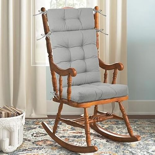 Rocking Chair Cushions Indoor High Back Set - Sackcloth Fabric, High-Density Sponge, Durable Comfort Non-Slip Bottom Tufted Seat Pads with Ties, Sackcloth︱Pale Grey, 52x19x4 inch