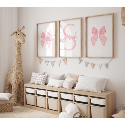 Personalized Pink Watercolor Bow Nursery Wall Art | Cute Set of 3 | Custom Name Decor for Girls Room - Custom Name Pink Bow Babygirl Room