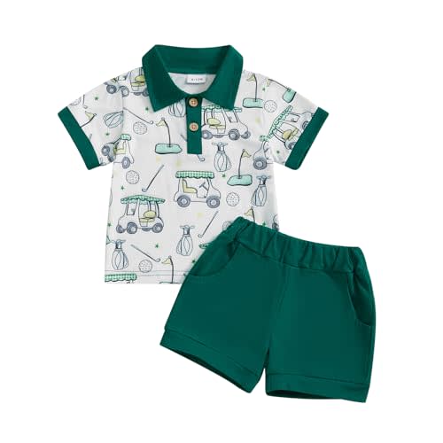 Toddler Baby Boy Golf Outfit Short Sleeve Golf Cart Polo T Shirts Top and Shorts Set 2Pcs Golf Theme Summer Clothes