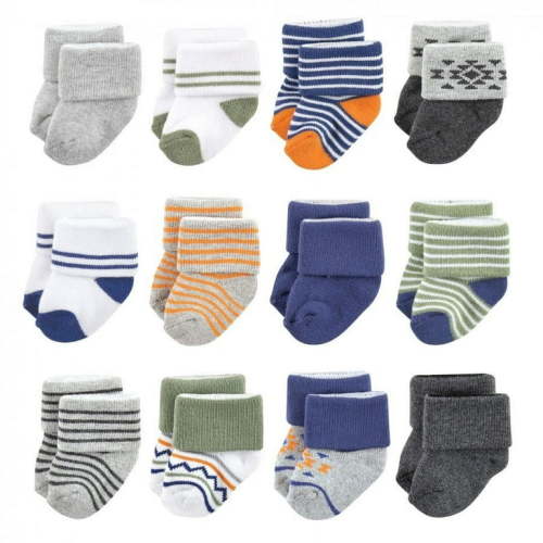 Luvable Friends Baby Boy Newborn and Baby Terry Socks, Orange Blue Aztec 12-Pack, 0-6 Months