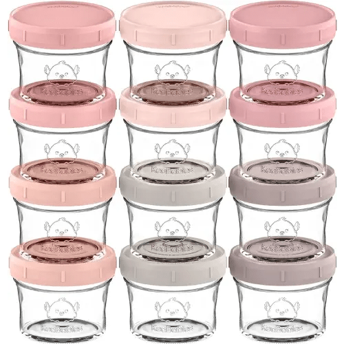 KeaBabies 12-Pack Glass Baby Food Containers- 4 oz Leak-Proof, Microwavable Baby Food Storage Containers, Baby Food Freezer Tray,Puree Glass Baby Food Jars,Baby Bullet Jars with Lids (Roseate)
