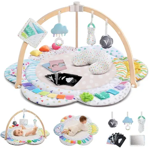 Baby Play Gym & Activitiy Mat, Upgraded 6 Developmental Zones, Tummy Time Mat with Sensory Toys for Motor Skill & Sensory Development, Essentials Shower for Baby