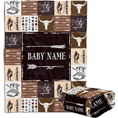 Baby Cowboy Blankets, Personalized Baby Blankets for Boys, Baby Western Blankets for Girls, Custom Baby Blanket Name, 3 Sizes Fleece Blankets for Infant Newborn Son Daughter