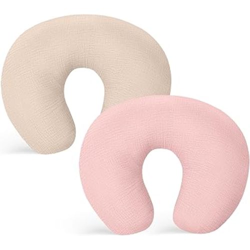 Winmany 2 Pack Muslin Nursing Pillow Covers Soft Cotton Newborn Breastfeeding Pillow Cover Baby Feeding Pillow Slipcover Shower Gifts for Boys Girls (Beige + Pink)