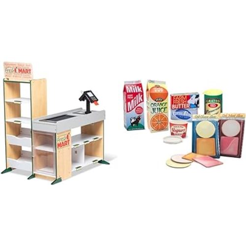 Melissa & Doug Freestanding Wooden Fresh Mart Grocery Store - Supermarket Pretend Play - FSC-Certified Materials & Fridge Groceries Play Food CartonsToy Groceries
