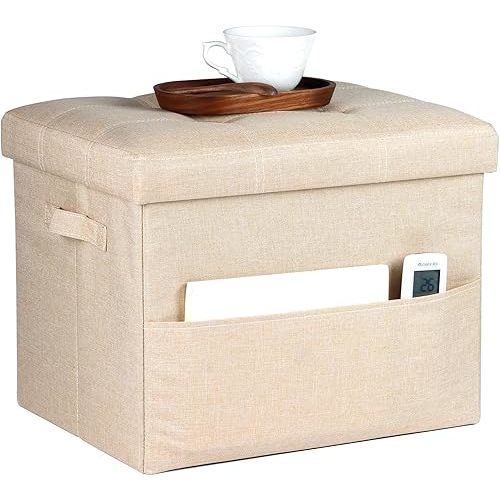 Storage Ottoman Foot Rest, Folding Linen Cotton Ottoman with Storage with Side Pockets and Handle, Foot Stool for Lounge, Study Corner, Home Office, 17x17x13 Inches, Beige