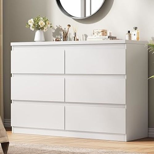 White 6 Drawer Dresser for Bedroom, 15.3" D x 47.2" W x 32.3" H in Simply Modern Chest of Drawers, Wood Storage Double Dresser with Deep Drawers for Living Room, Hallway Entryway, White