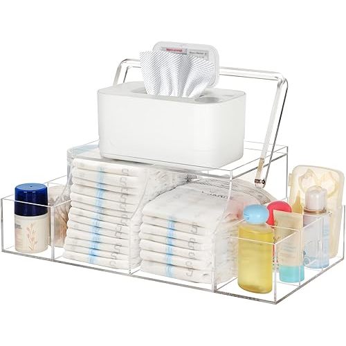 Diaper Caddy Organizer - Acrylic Baby Caddy with Handle, Wipe Dispenser & Warmer for Changing Table & Nursery