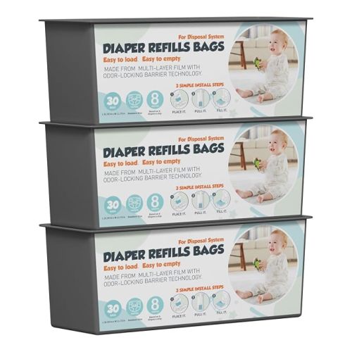 Diaper Pail Refills Bags with 30 Bags Compatible with Genie Easy Roll Signature and Platinum Diaper Pails, 7-Layer Odor-Barrier Technology, 3 Pack (90 Bag)
