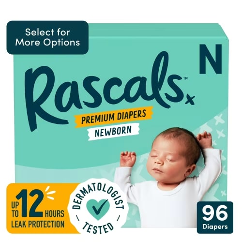 Rascals Premium Newborn Absorbent Baby Diapers, Newborn (96 Count), Soft & Gentle Diapers with Leak Protection