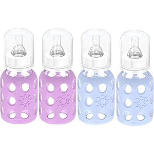 Lifefactory Glass Baby Bottles with Silicone Protection - 4-PACK, 4 oz Each Bottle (2- Blanket & 2- Lavender)