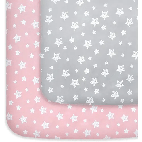 Pack and Play Sheets Girl, Mini Crib Sheets, Stretchy Pack n Play Playard Fitted Sheet, Compatible with Graco Pack n Play, Soft and Breathable Material, Grey & Pink