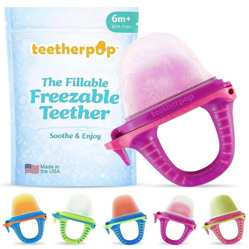 Teetherpop Fillable Freezable Teethers for Babies - Breastmilk Teether with Spill-Proof Sippy Slits – Teething Popsicle for Baby, Liquids & Purées, Cooling Teething Relief Feeder Pacifier - Fuchsia