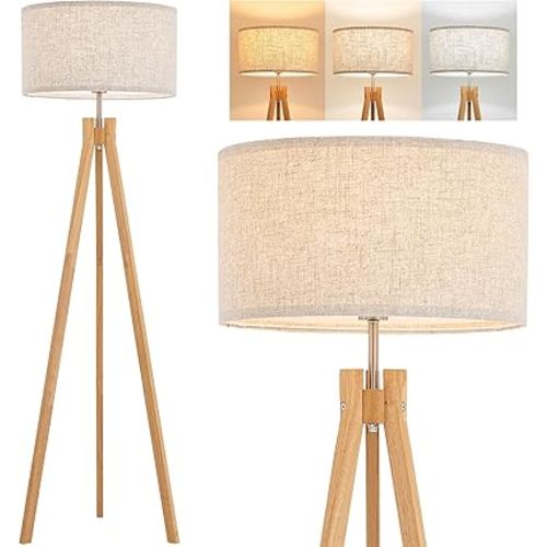 ELYONA Nordic Wood Tripod Floor Lamp, Modern Reading Standing Lamp for Living Room 3 Color Temperatures LED Bulb Included Flaxen Lamp Shade, Boho Natural Wooden floor lamp for Bedroom Office Kids Room