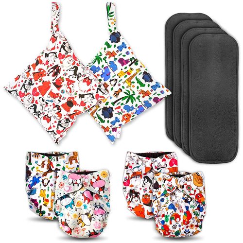 Soft, high absorbency, charcoal bamboo lining, cloth diapers for babies & toddlers. 4 diapers plus bonus wetbags & charcoal bamboo inserts. Adjustable, reusable & waterproof. Colorful animal prints