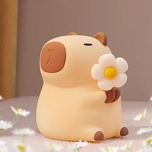 Capybara Night Light, Nursery Lamp, 7-Color RGB & 3-Level Warm Dimmable Warm, Tap Control, 30Min Timer, 100% Safe &Soft Silicone, Adorable, Soothing Ambiance, Gift for Kids, Detachable Flower