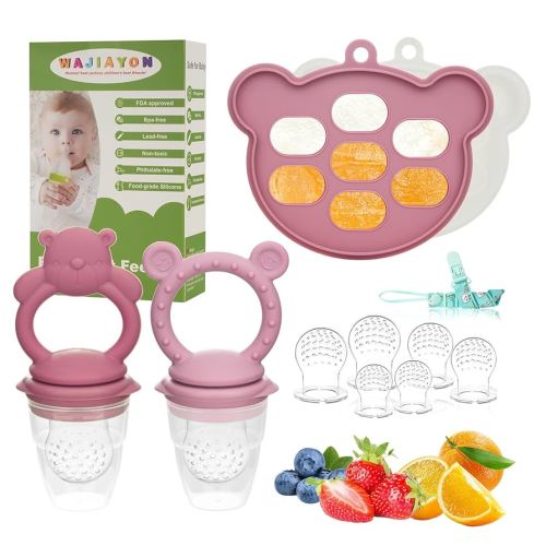 WAJIAYON Baby Breastmilk Popsicle Molds & Baby Fruit Feeder (4 Pack), Baby Food Freezer Tray Storage Containers, Silicone Teething Pacifier Feeder and Teether for Babies,Baby Feeder(Pink)