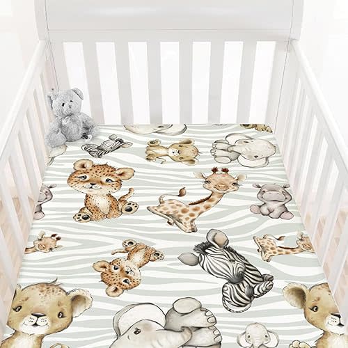 HawSkgFub Safari Jungle African Animals Fitted Standard Baby Crib Sheet Boy Girl, Giraffe Lion Tiger Elephant Zebra Toddler Mattress Cover, Soft Stretchy Nursery Bed Sheets Decor Kids Gift 52” x 28”