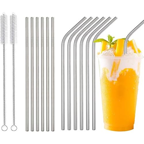 12-Pack Reusable Straws - Metal Straws Dishwasher Safe - Drinking Stainless Steel Straws for 20 oz Tumblers - 2 Cleaning Brushes Included