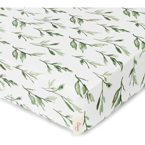 Crane Baby Soft Cotton Crib Mattress Sheet, Fitted Sheet for Cribs and Toddler Beds, Green Leaf, 28”w x 52”h x 9”d