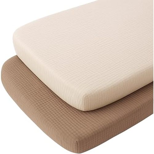 Konssy Muslin Fitted Bassinet Sheets 2 Pack for Baby Girl Boy, Soft Bedside Sleeper Bassinet Sheets Fit for Baby Bassinets, Moses Basket Oval Rectangle Pad/Mattress